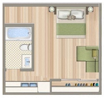 a floor plan of a room with a bed and a desk